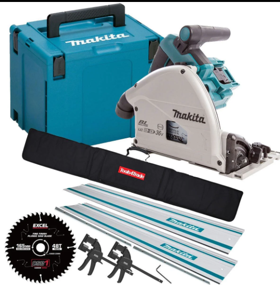 Makita DSP600ZJ 36V Brushless Plunge Saw Body Only + 2 x Guide Rail, Connector with Blade & Clamp Set